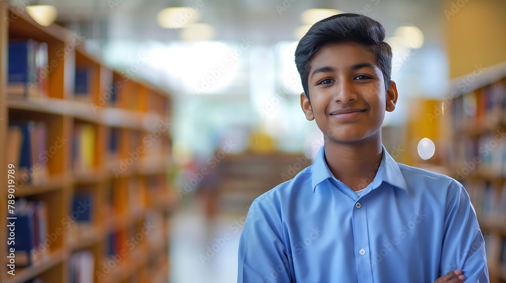 Fototapeta premium Portrait of a young Indian male student standing in an office campus library wearing a blue shirt and smiling at the camera Closeup photo : Generative AI