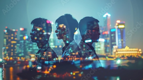 Double exposure of doctor team and modern cityscape night view on background. Medical industry concept.