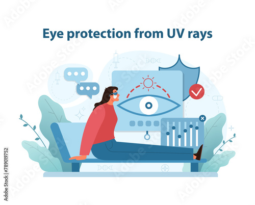 UV Protection Awareness Illustration. A woman with sunglasses highlights the importance of shielding.