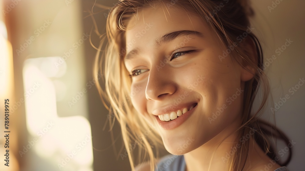 Warm and casual portrait of a young beautiful girl smiling and looking to one side : Generative AI Warm and casual portrait of a young beautiful girl smiling and looking to one side : Generative AI