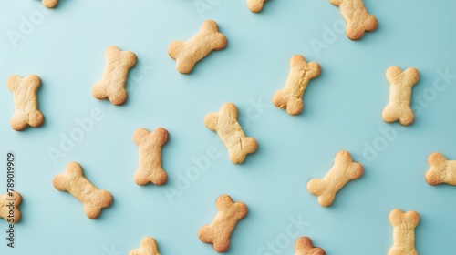 Bone shaped dog cookies on light blue background flat lay : Generative AI