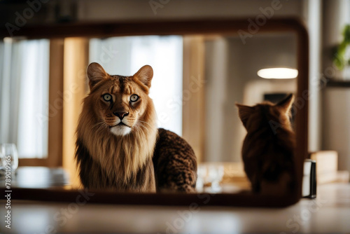 Cat mirror lion seeing reflection looking white pet power fur pride business cocky animal chief wildness manager ambitious isolated conceit hero reflect photo