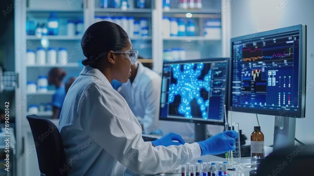 Female biochemist working with computer showing gene therapy interface at medical science laboratory with team of professional biotechnology scientists for developing drugs. Female biochemist working with computer showing gene therapy interface at medical science laboratory with team of professional biotechnology scientists for developing drugs.