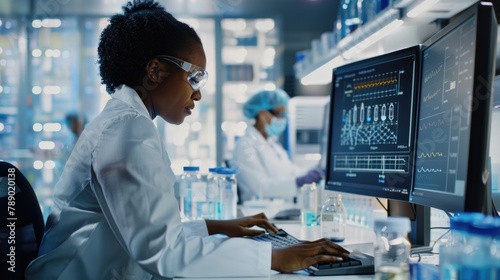 Female biochemist working with computer showing gene therapy interface at medical science laboratory with team of professional biotechnology scientists for developing drugs.