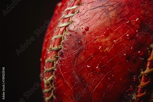 Red cricket ball. Macro shot of tampered seam of cricket ball over black background. . photo