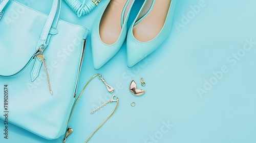 Cute blue ladies bag stylish golden shoes and feminine accessories Flat lay top view Spring fashion concept in pastel colored : Generative AI