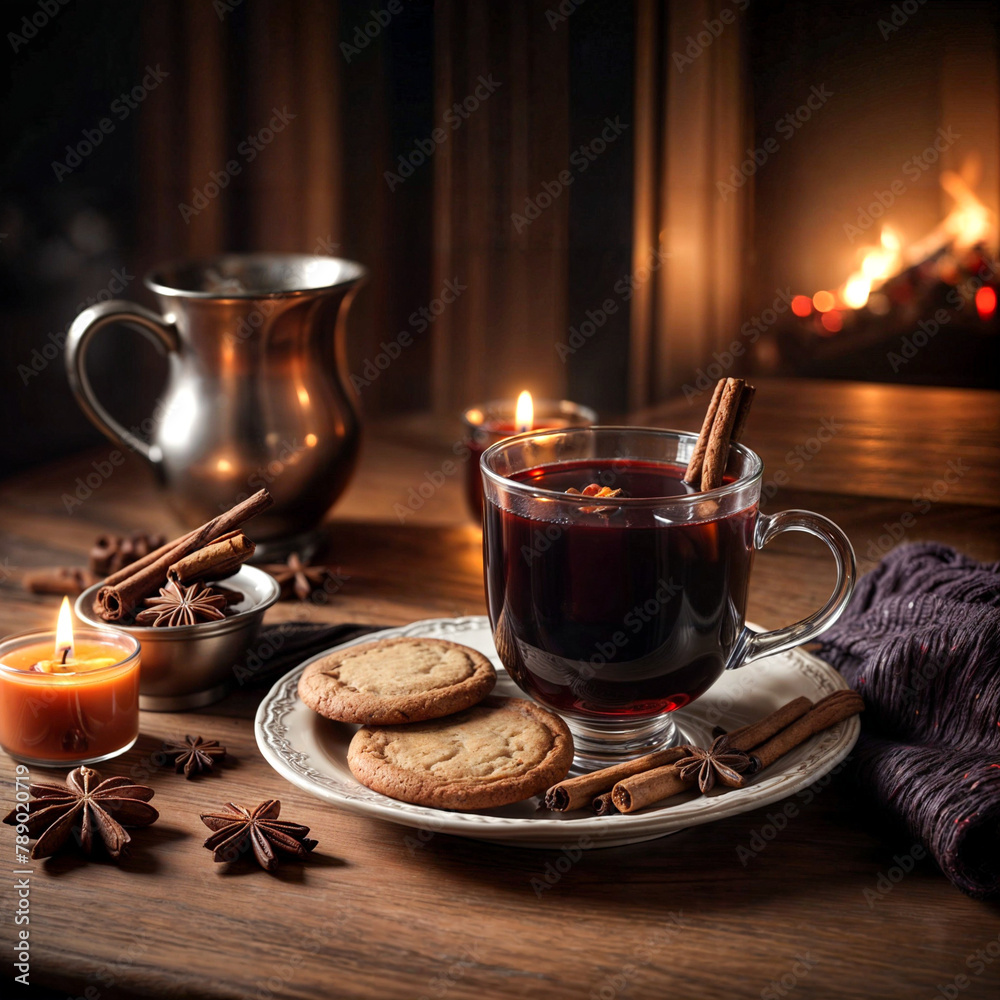 A Painting of a Winter's Night Revelry: Steaming Spiced Mulled Wine Bathed in Warm Light A Painting of a Winter's Night Revelry: Steaming Spiced Mulled Wine Bathed in Warm Light