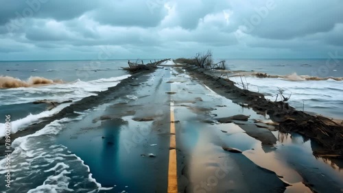 El Niño's Fury: Ravaged Coastal Highway Amidst Storm. Concept Severe Weather, Coastal Damage, Emergency Response, Storm Recovery, Infrastructure Repair photo