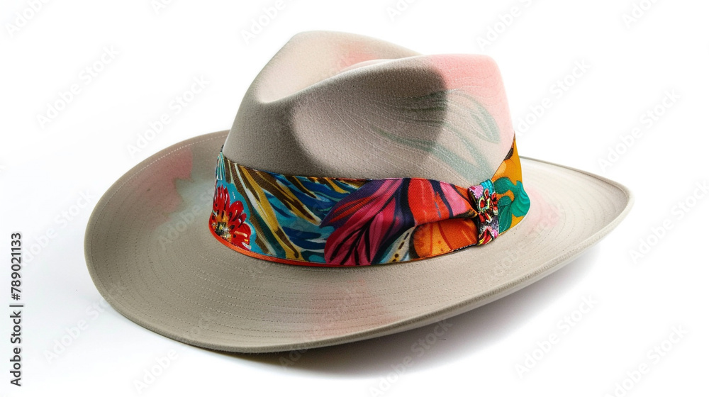  A classic fedora hat with a playful twist, featuring a colorful band and whimsical floral accents, perfect for channeling vintage charm with a modern flair - obrazy, fototapety, plakaty 