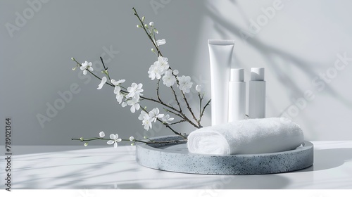 A gray marble tray with towel flower branch and two white tube displayed on white flower branches inside a glass transparent pot Gentle skin care concept : Generative AI photo