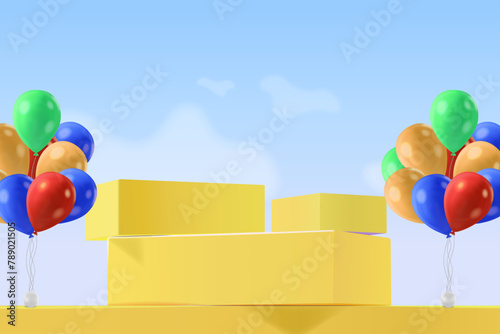 Podium stans scene with sky and colorful balloons celebration designs