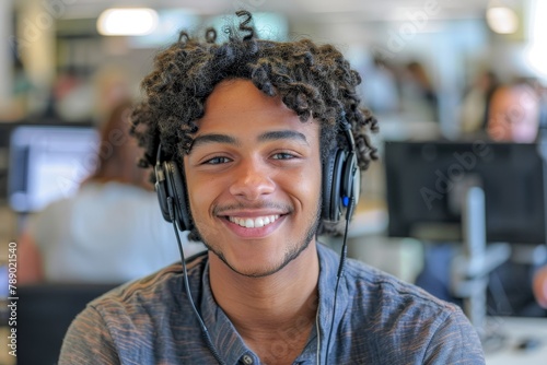 A happy male customer service agent with curly hair smiling, wearing a headset in an office environment, Generative AI