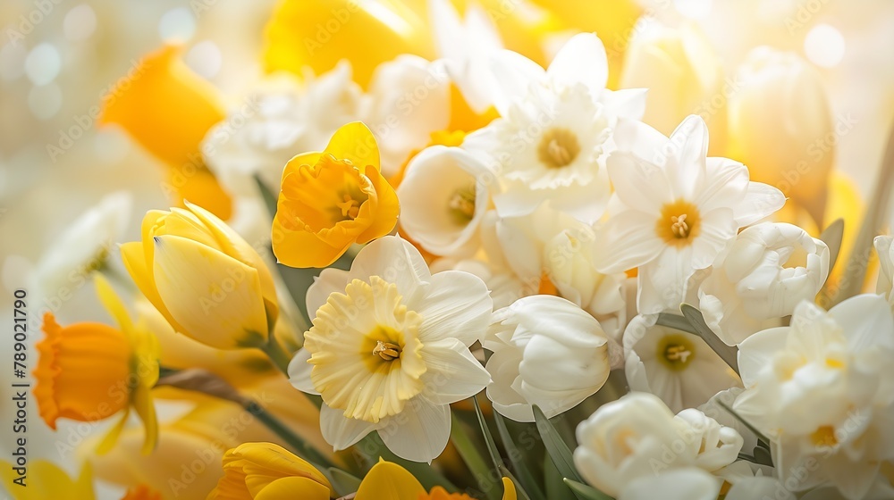 Spring bouquet of yellow buttercups white daffodils and tulips bouquet of flowers close up home decoration with flowers : Generative AI Spring bouquet of yellow buttercups white daffodils and tulips bouquet of flowers close up home decoration with flowers : Generative AI