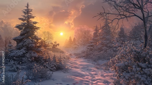 Hikers enjoying a sunset in the winter landscape of a snow covered forest