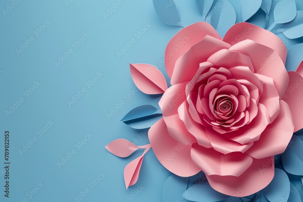 Crafted 3D pink paper flower with a contrasting blue background, suitable for celebratory banners for Eid and Mothers Day Crafted 3D pink paper flower with a contrasting blue background, suitable for celebratory banners for Eid and Mothers Day