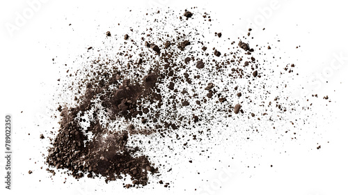 Dirt flying, soil pile scattered isolated on white background photo