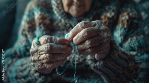 Close up of old mature woman hands working with crochet and sewing thread Elderly indoor home leisure activity concept lifestyle Unrecognizable senior female people in hobby active lif : Generative AI © Generative AI