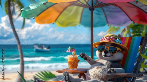 Carefree Canine Enjoying Tropical Beach Getaway with Refreshing Cocktail Under Colorful Umbrella