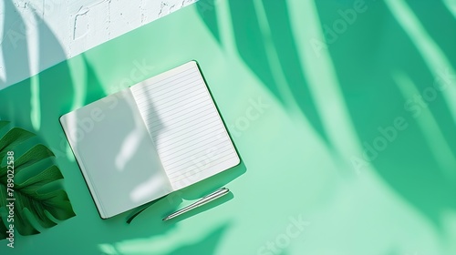 Office notebook with blank pages lying open on two tone or bicolor green and white background with leaf of a potted plant and pen in a creative flat lay still life : Generative AI photo