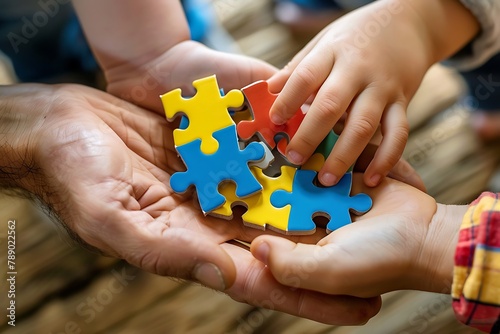 Puzzle as a symbol of the autism spectrum Family Support: Imagery portraying a family engaged in supportive activities ,hold hand together.