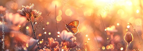 Golden hour tranquility with butterfly on flowers