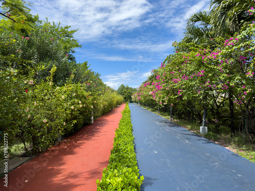 inside the famous Lonuziyaaraiy Park on Malé Island with running track and lots of colorful and green vegetation. A recreations area for Malé population