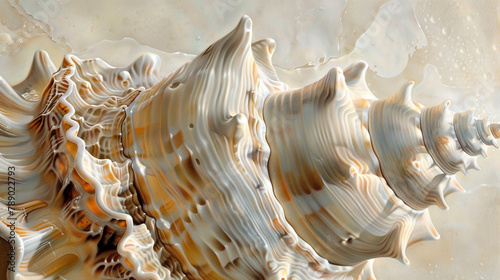  A close-up of a conch shell, its ridges and curves highlighted  photo