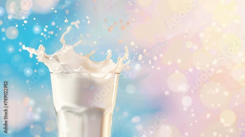 Glass with splashing milk, Pouring fresh milk into the glass with splashing on light blue background, Dynamic Splash of Milk in a Glass Against a Blue Background