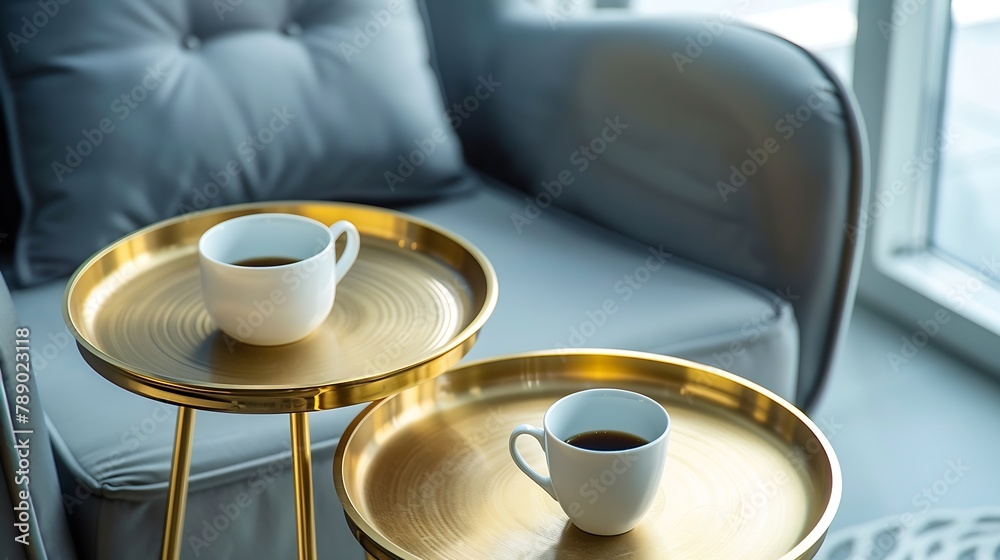 Closeup on modern gray armchair and two elegant golden coffee tables with cup of coffee : Generative AI