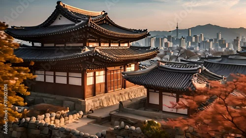 Korean traditional house. Namsangol Hanok Village and Seoul Tower background, Seoul, South Korea photo