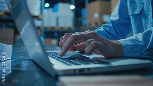 Postal warehouse employee checking delivery customer satisfaction on laptop Post office storehouse worker managing shipping operations while using computer mouse close up : Generative AI