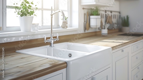 Stylish kitchen with white cupboards and drawers and simple white sink with silver tap in wooden countertop : Generative AI photo