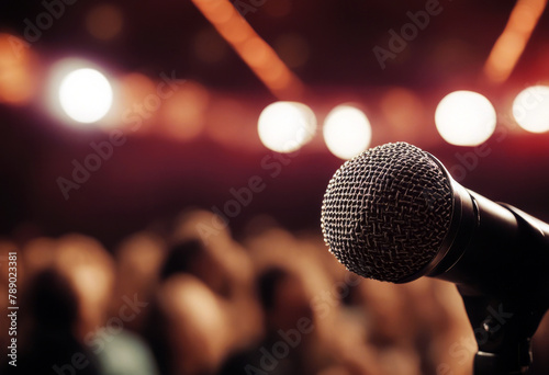 Theater Music Engaged Front Comedy AI Audience Live Performance Microphone theatre stage entertaining laughter applause spotlight show spectator
