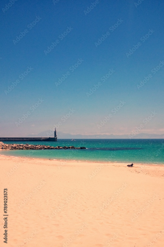 Atlantic ocean and beach with golden sand and blue sky in Tarifa, Spain. Playa de Bolonia on Atlantic coast of Tarifa, Province of Cadiz, Andalucia, southern Spain. Waves on Levante wind on summer day