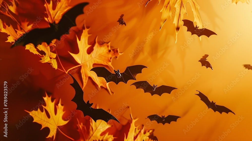 Happy Halloween concept Scary bats silhouettes pumpkins spiders fallen leaves on orange background : Generative AI Happy Halloween concept Scary bats silhouettes pumpkins spiders fallen leaves on orange background : Generative AI