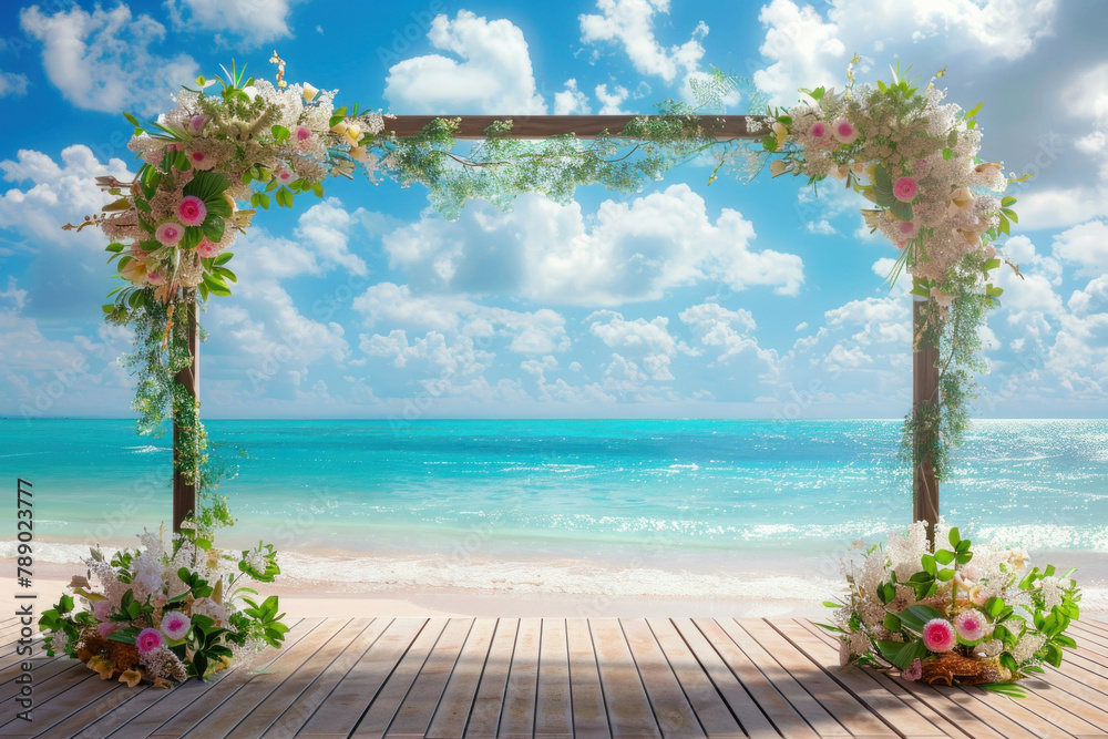 beach wedding arch with flowers and wood, beautiful tropical ocean background. floral wedding arch