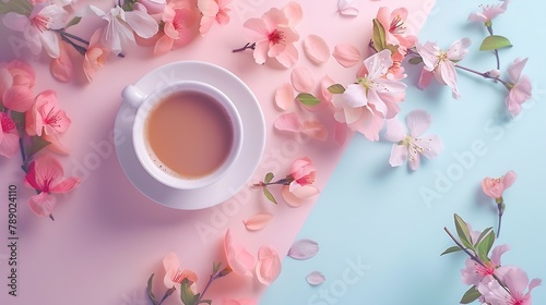 Flat Lay Aesthetic Greeting Card with morning coffee cup and flowers on pastel background Womens Day on March 8th Spring or Easter concept Blogger composition : Generative AI