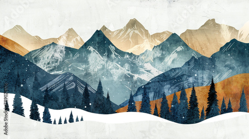 Mountain landscape, mountainscape, mountain mural, winter mountains, Christmas card, children's room decor, scandinavian wallpapers