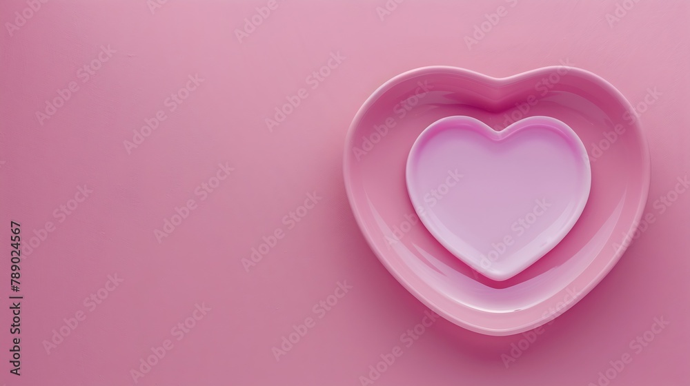 Empty pink heart shaped plate on pink background table Flat lay top view copy space : Generative AI