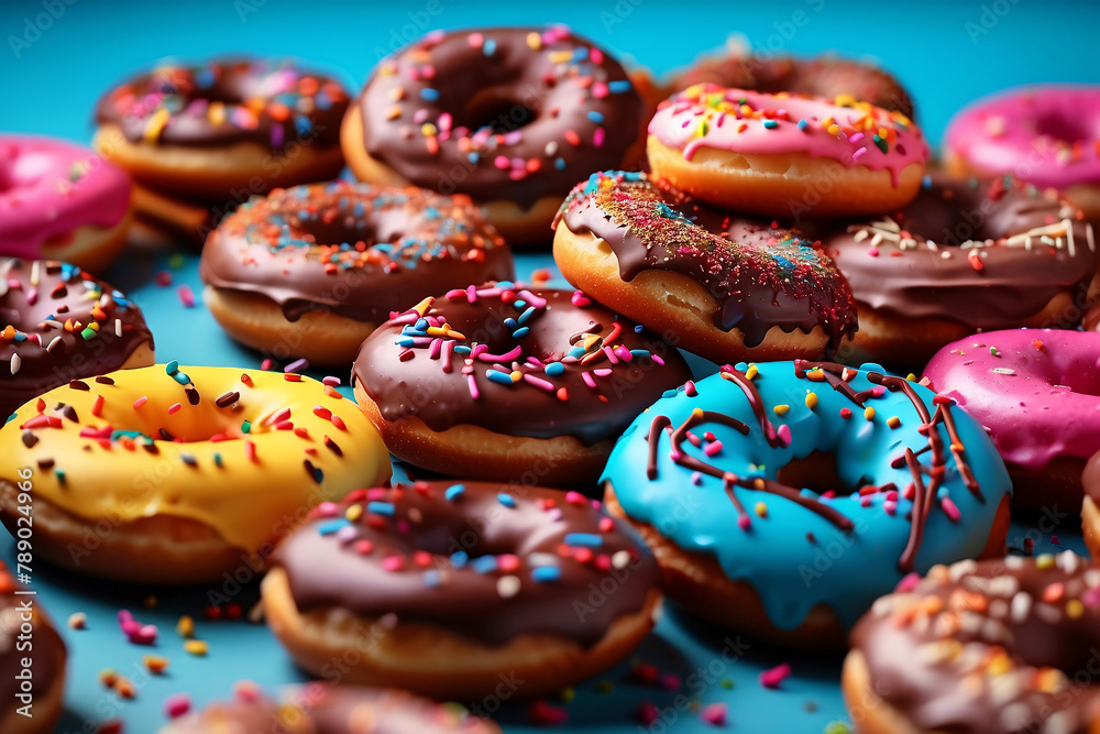 A vivid collection of donuts with colorful icing, sprinkles, and chocolate syrup spread out on a blue surface