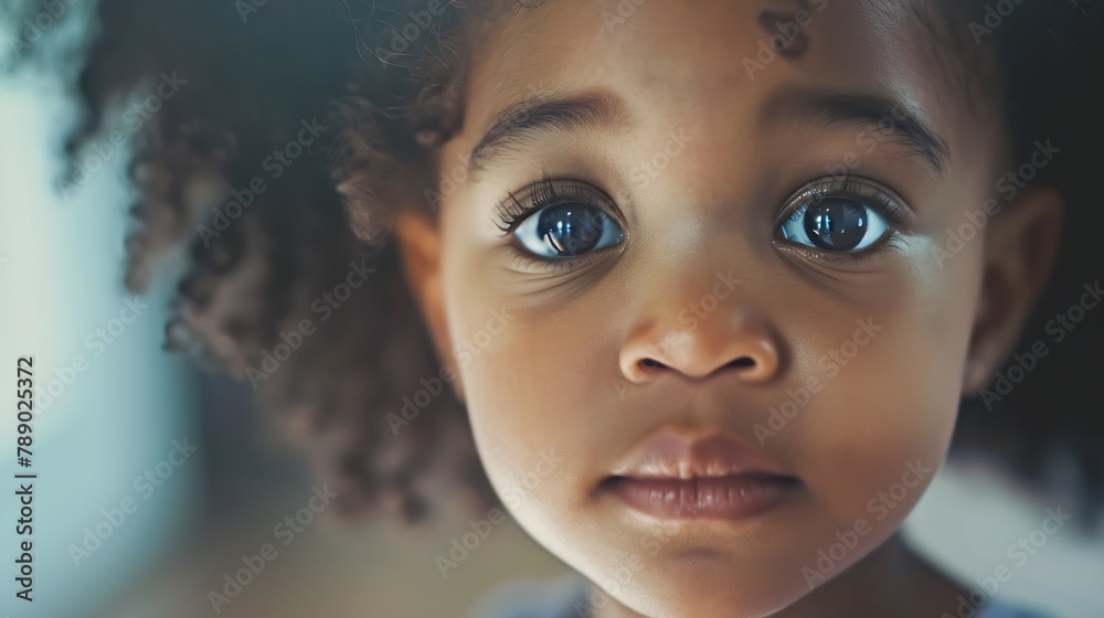 Close up portrait of cute Black little girl with big eyes looking at camera at home bokeh effect copy space : Generative AI Close up portrait of cute Black little girl with big eyes looking at camera at home bokeh effect copy space : Generative AI