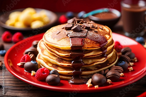 Stack of golden pancakes drizzled with chocolate syrup and garnished with fresh berries and sweets