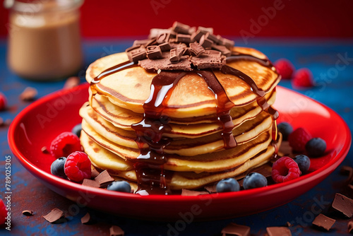 Delicious stack of pancakes drizzled with syrup and topped with chocolate shavings and fresh berries on a red plate