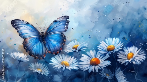 Blue Butterfly with Daisies in Watercolor Fantasy