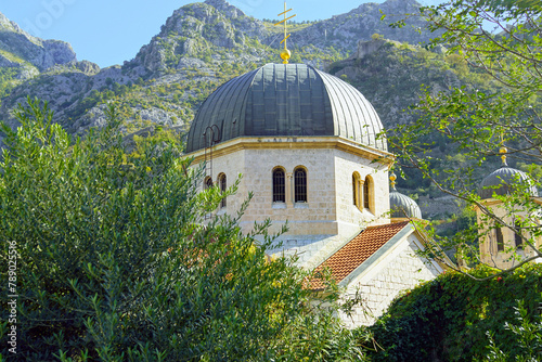 The dome of the main Orthodox church of Kotor - the Church of St. Nicholas, against the backdrop of greenery and mountains (Montenegro)