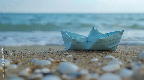 Origami paper in the shape of a boat that is stranded on the beach photo