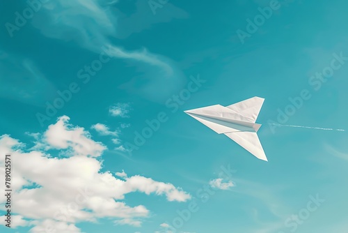 Paper aeroplane on blue sky. White paper aearoplane on blue sky .