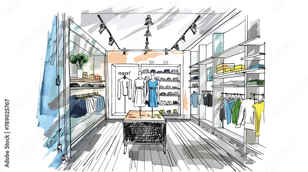 Rough sketch of clothing showroom interior with hange