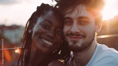 Closeup portrait of happy interracial couple in the port backlighting Closeup young woman and man hugging and smiling looking at the camera : Generative AI photo