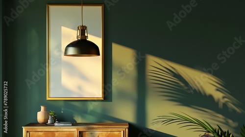 Industrial pendant light next to a stylish dresser and an art poster in a golden frame by a dark green wall of a modern bedroom interior : Generative AI
